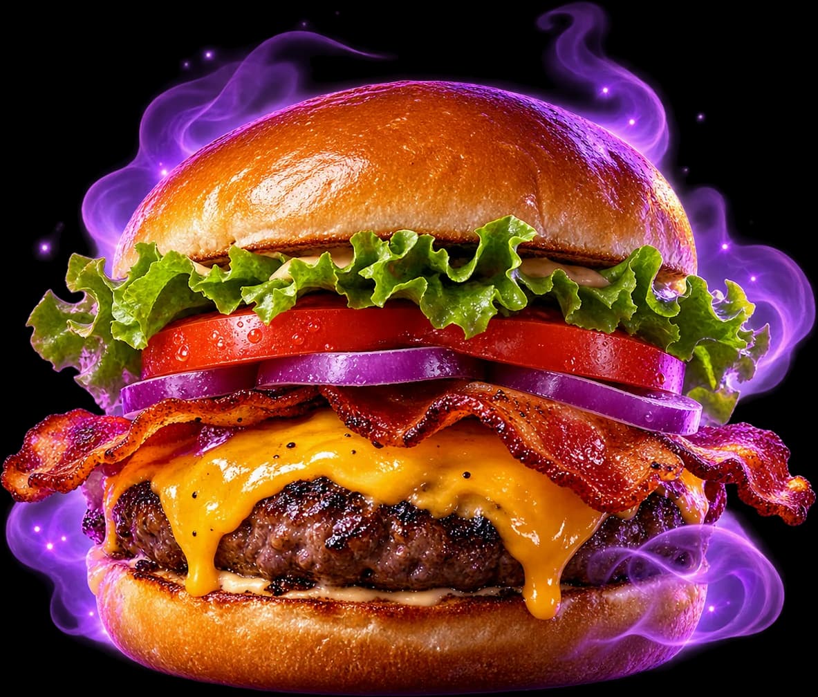 Hamburguesa con cheddar, tocino, tomate y lechuga rodeada de humo violeta